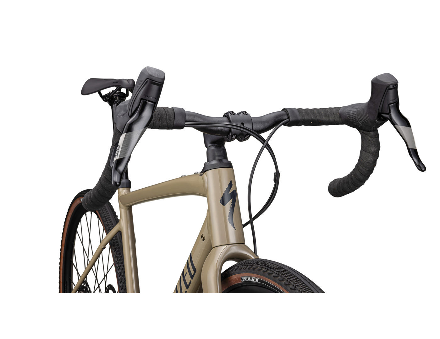 Specialized Diverge Comp E5 2024 GLOSS TAUPE/SLATE harmaanruskea yksityiskohta tanko jarrukahvat