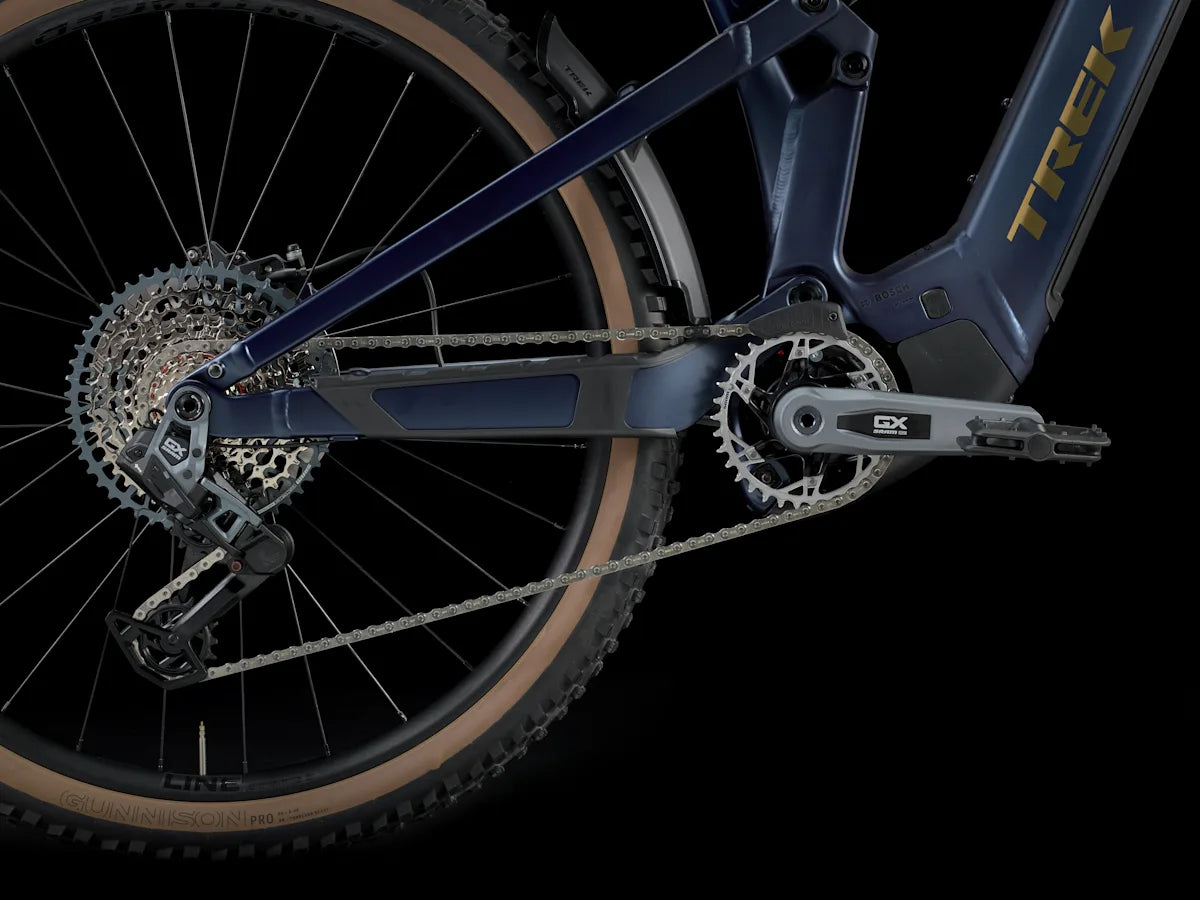 Trek Powerfly FS+ 8 800wh sähkömaastopyörä sininen voimansiirto ja linkusto