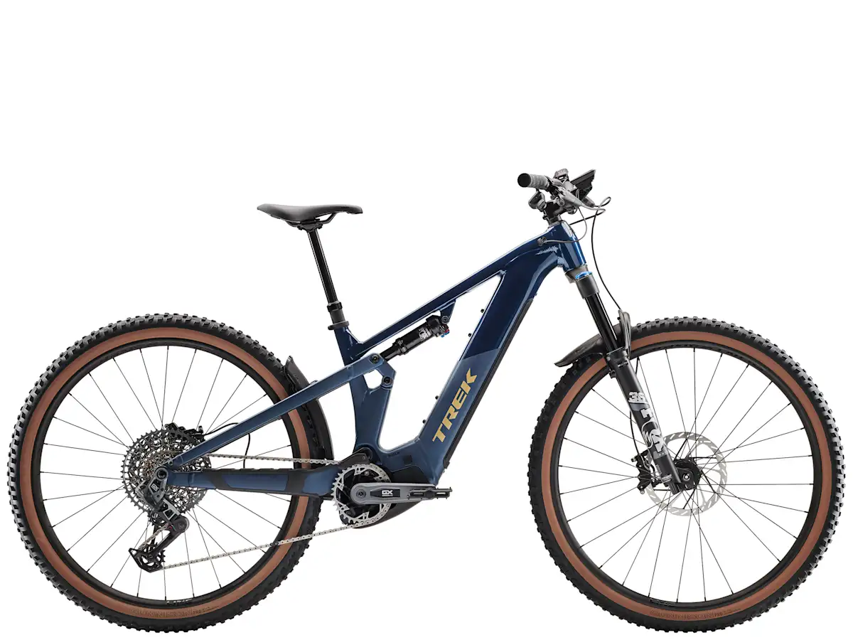 Trek Powerfly FS+ 8 800wh sähkömaastopyörä sininen sivulta