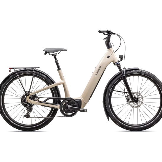 Vaaleanruskea Specialized Como 4.0 -sähköpyörä sivunäkymä