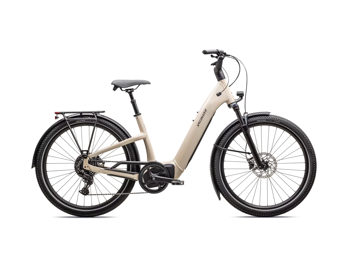 Vaaleanruskea Specialized Como 4.0 -sähköpyörä sivunäkymä