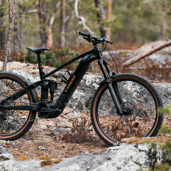 Trek Rail+ 8 musta alumiinirunkoinen sähköpyörä luonnossa