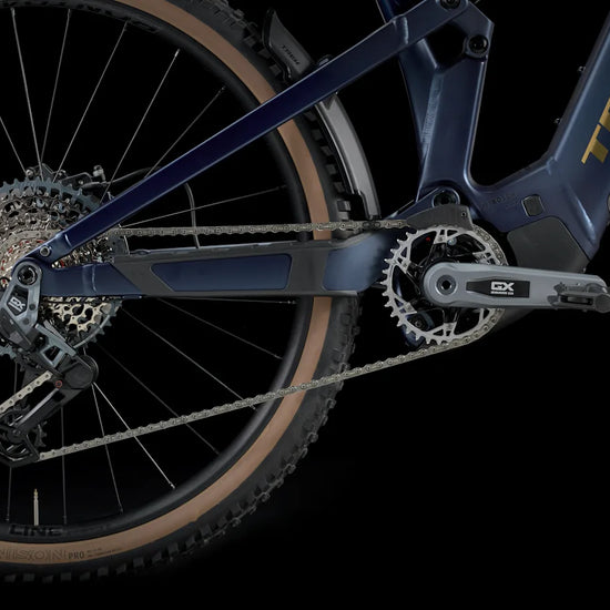Trek Powerfly FS+ 8 800wh sähkömaastopyörä sininen voimansiirto ja linkusto